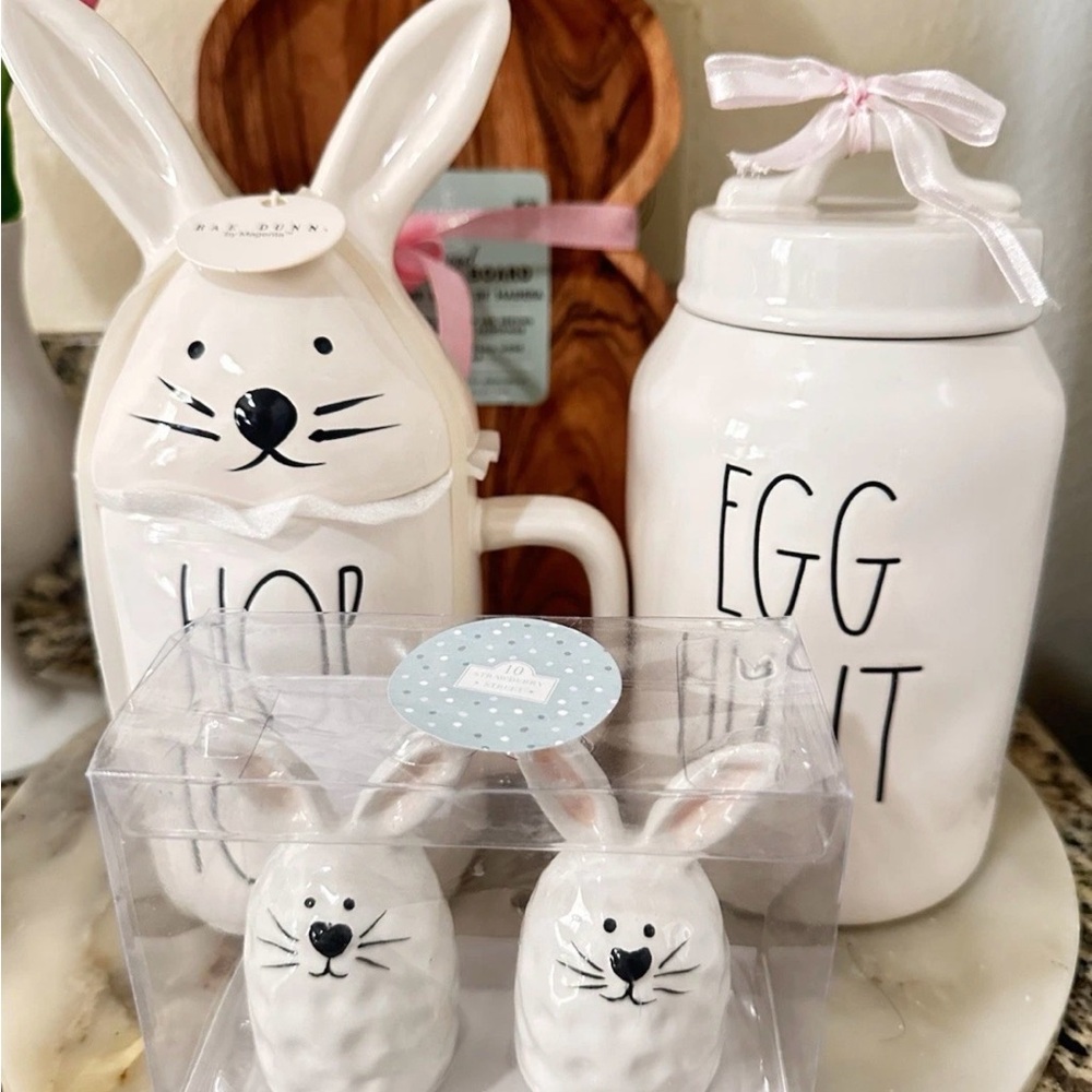 Rae Dunn White Bunny Mug and Egg Hunt Jar Set and salt/ pepper shaker.